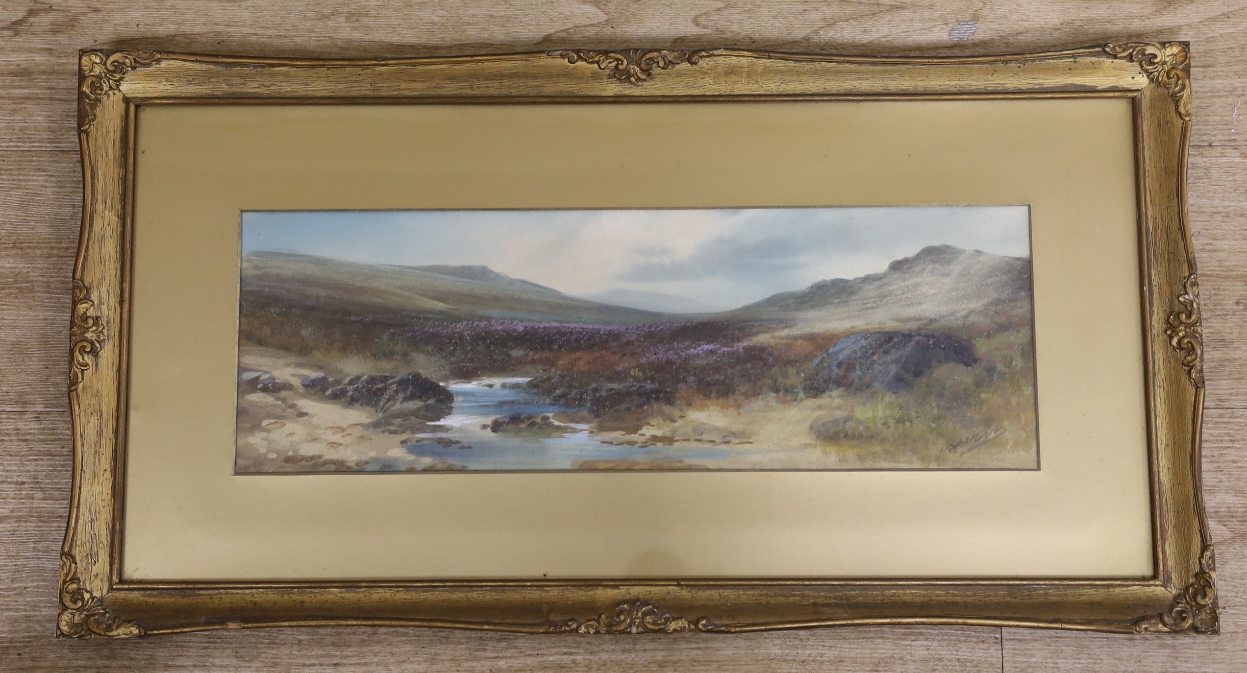 John Shapland (1865-1929), watercolour, 'On The Oakement, Dartmoor', signed, 18 x 53cm